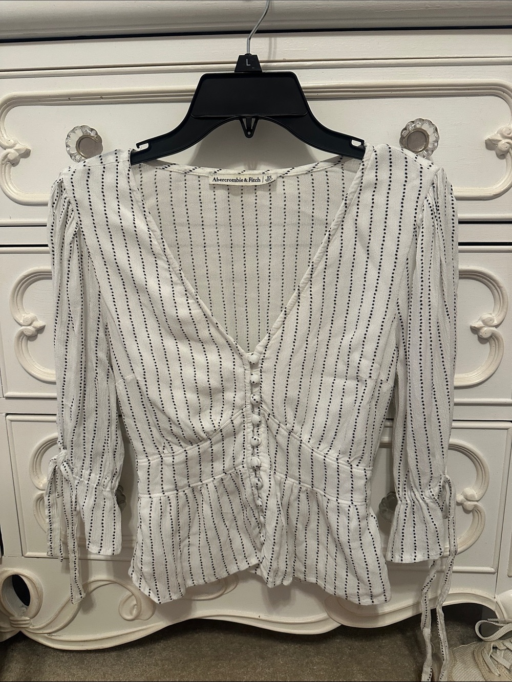 Abercrombie & Fitch White Blouse with Navy Pinstripes and Peplum Hem